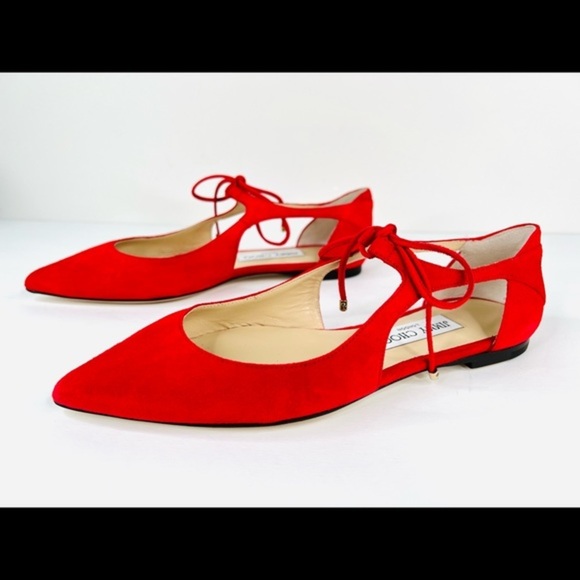 Jimmy Choo Vanessa Flat Red Suede Strap Lace Pointed Toe Ballet Flats Size 36.5 - Picture 11 of 11